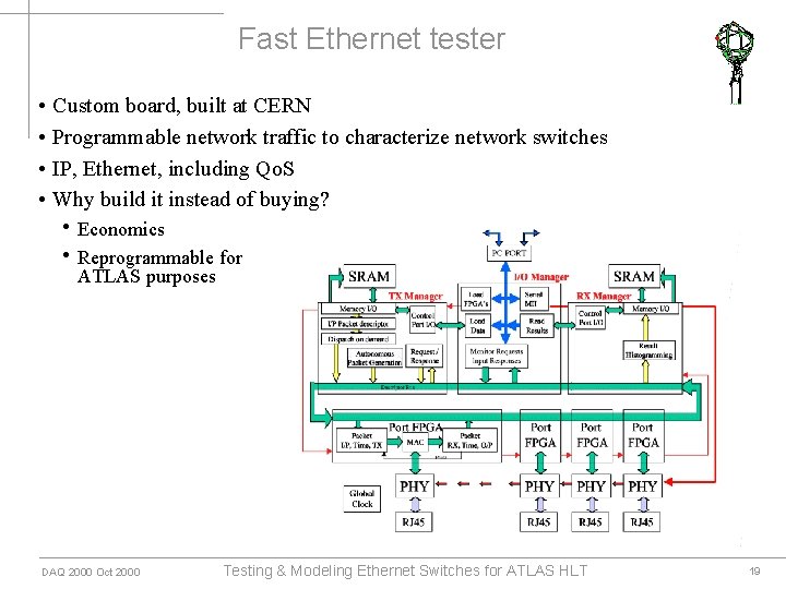 Fast Ethernet tester • Custom board, built at CERN • Programmable network traffic to