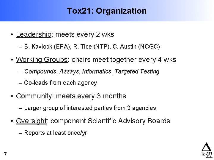 Tox 21: Organization • Leadership: meets every 2 wks – B. Kavlock (EPA), R.