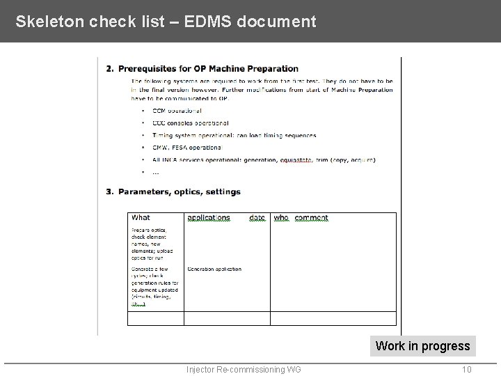 Skeleton check list – EDMS document Work in progress Injector Re-commissioning WG 10 