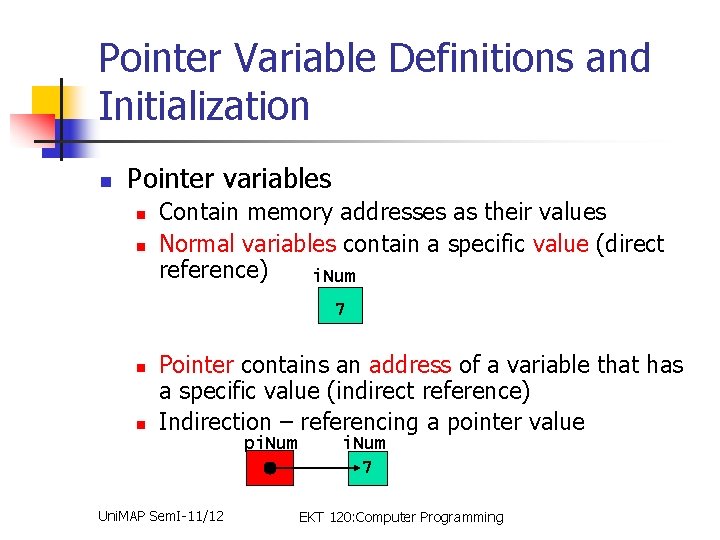 Pointer Variable Definitions and Initialization n Pointer variables n n Contain memory addresses as