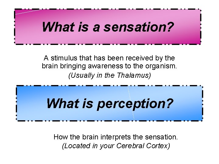 What is a sensation? A stimulus that has been received by the brain bringing