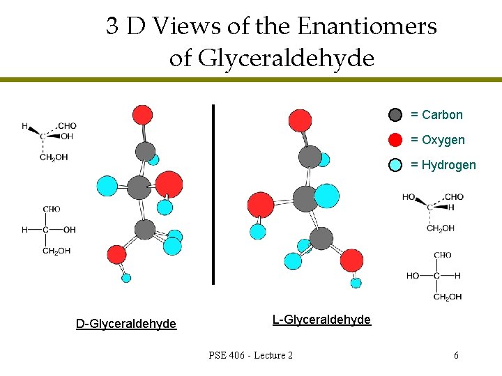 3 D Views of the Enantiomers of Glyceraldehyde = Carbon = Oxygen = Hydrogen