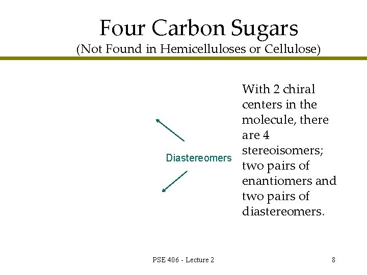 Four Carbon Sugars (Not Found in Hemicelluloses or Cellulose) Diastereomers PSE 406 - Lecture