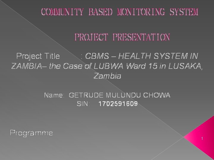 COMMUNITY BASED MONITORING SYSTEM PROJECT PRESENTATION Project Title : CBMS – HEALTH SYSTEM IN