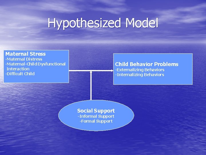 Hypothesized Model Maternal Stress -Maternal Distress -Maternal-Child Dysfunctional Interaction -Difficult Child Behavior Problems -Externalizing