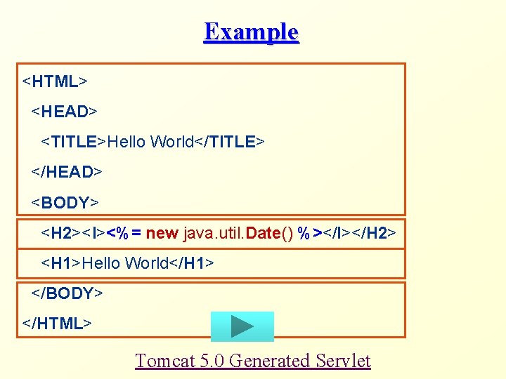 Example <HTML> <HEAD> <TITLE>Hello World</TITLE> </HEAD> <BODY> <H 2><I><%= new java. util. Date() %></I></H