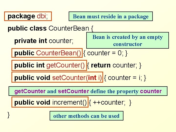 package dbi; Bean must reside in a package public class Counter. Bean { private