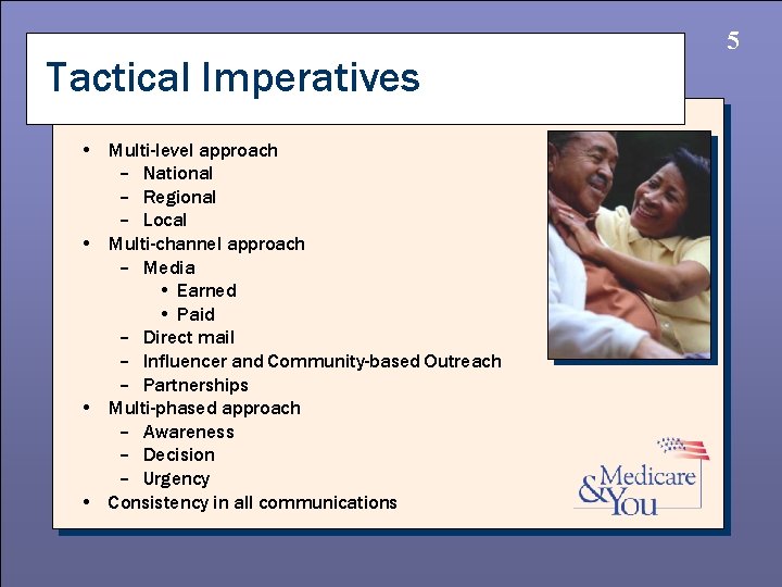 Tactical Imperatives • Multi-level approach – National – Regional – Local • Multi-channel approach