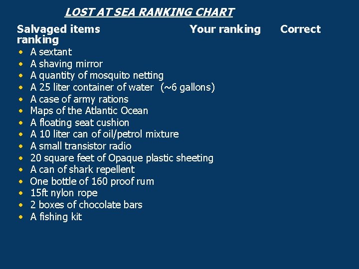 LOST AT SEA RANKING CHART Salvaged items ranking • • • • Your ranking