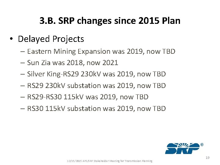 3. B. SRP changes since 2015 Plan • Delayed Projects – Eastern Mining Expansion