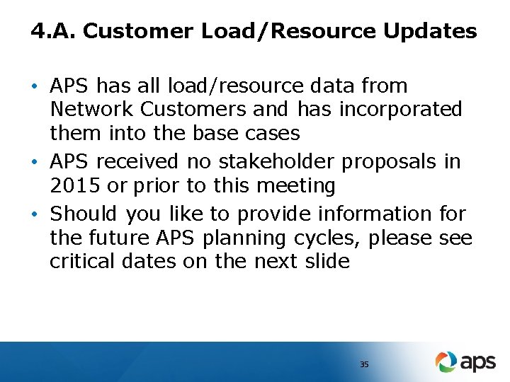 4. A. Customer Load/Resource Updates • APS has all load/resource data from Network Customers