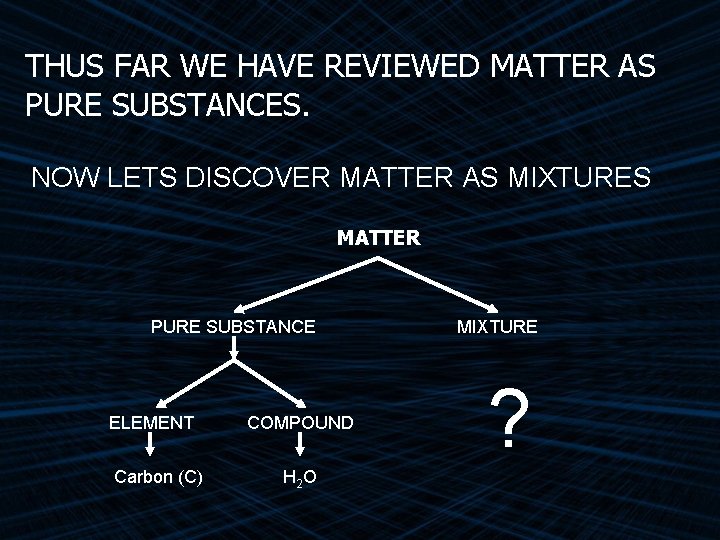 THUS FAR WE HAVE REVIEWED MATTER AS PURE SUBSTANCES. NOW LETS DISCOVER MATTER AS