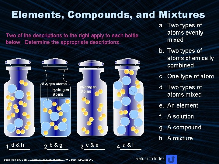 Elements, Compounds, and Mixtures Two of the descriptions to the right apply to each