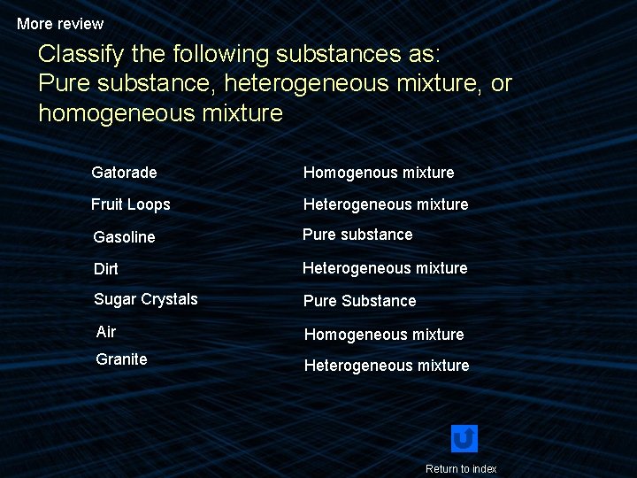More review Classify the following substances as: Pure substance, heterogeneous mixture, or homogeneous mixture