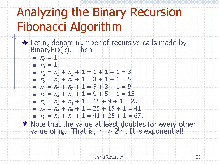 Analyzing the Binary Recursion Fibonacci Algorithm Let nk denote number of recursive calls made