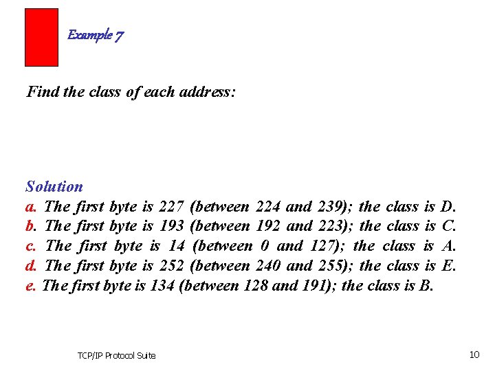 Example 7 Find the class of each address: Solution a. The first byte is