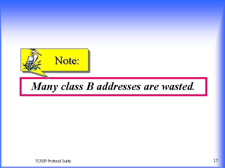 Note: Many class B addresses are wasted. TCP/IP Protocol Suite 17 