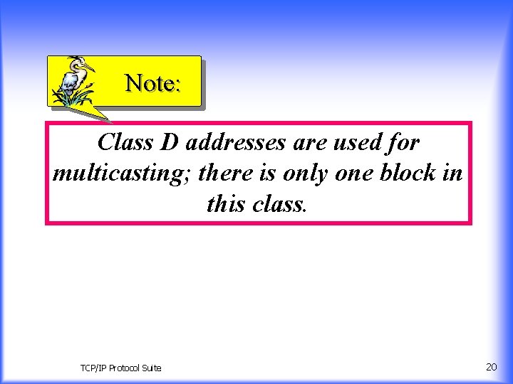 Note: Class D addresses are used for multicasting; there is only one block in