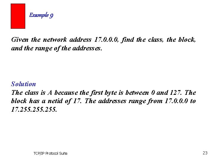 Example 9 Given the network address 17. 0. 0. 0, find the class, the