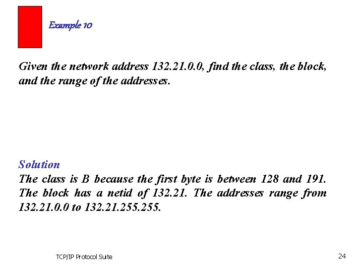 Example 10 Given the network address 132. 21. 0. 0, find the class, the