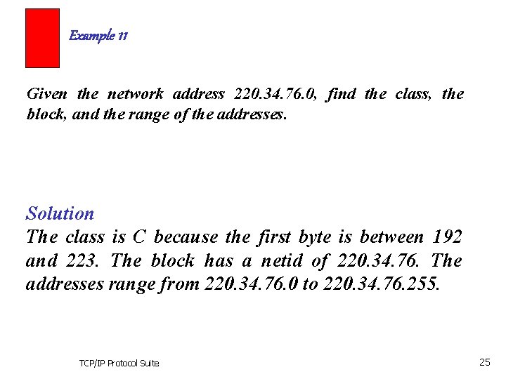 Example 11 Given the network address 220. 34. 76. 0, find the class, the