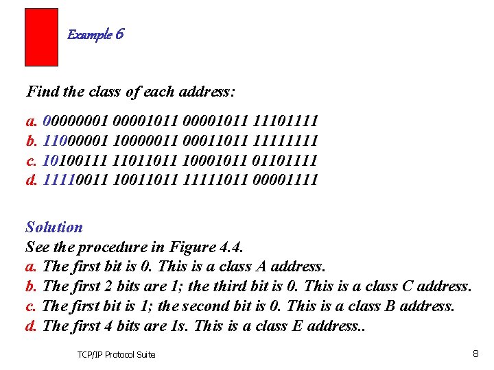 Example 6 Find the class of each address: a. 00000001011 11101111 b. 110000011 00011011