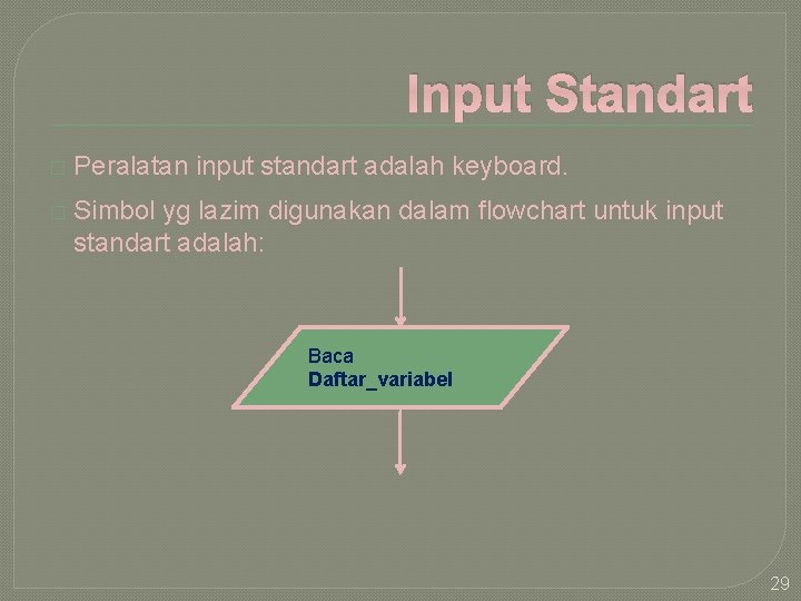 Input Standart � Peralatan input standart adalah keyboard. � Simbol yg lazim digunakan dalam