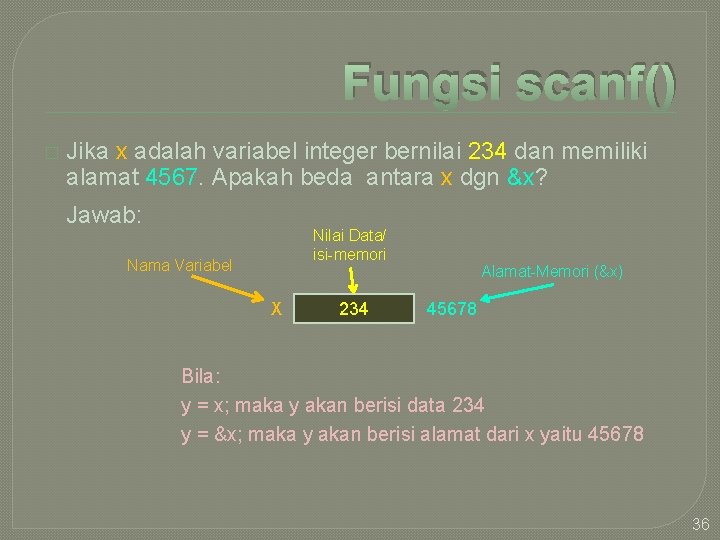 Fungsi scanf() � Jika x adalah variabel integer bernilai 234 dan memiliki alamat 4567.