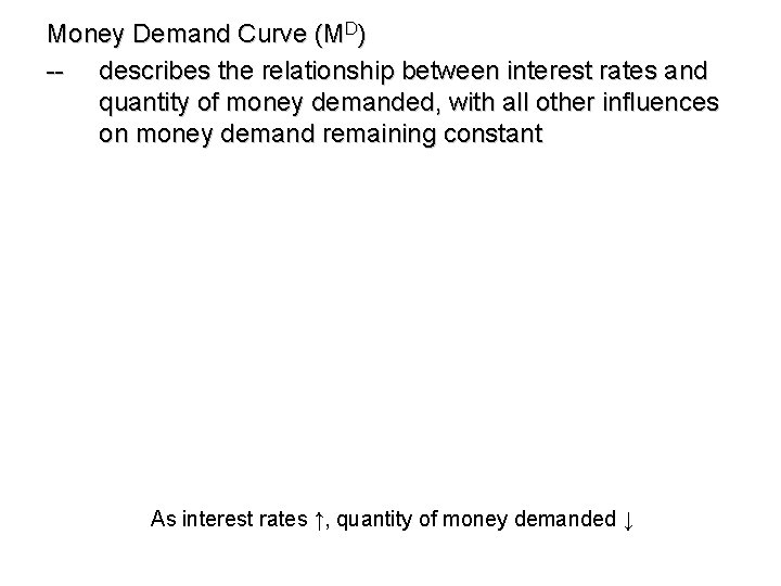 Money Demand Curve (MD) -- describes the relationship between interest rates and quantity of