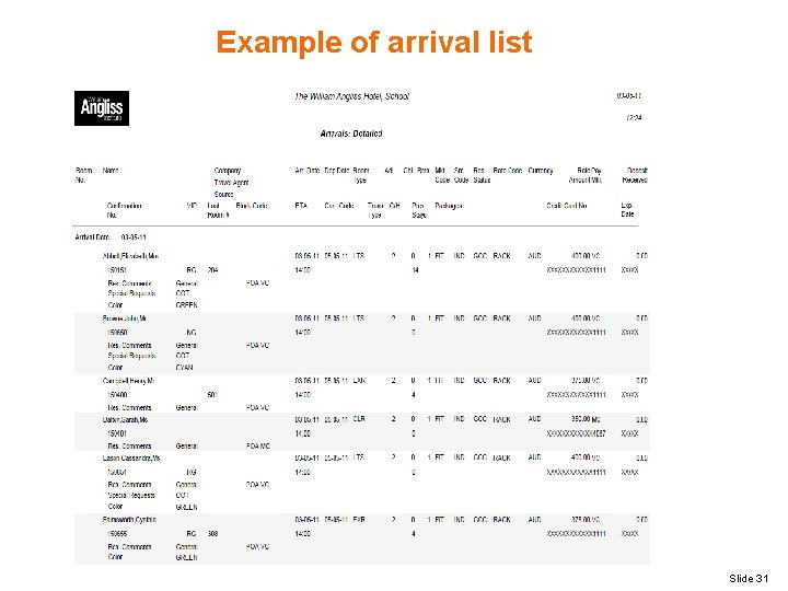 Example of arrival list Slide 31 