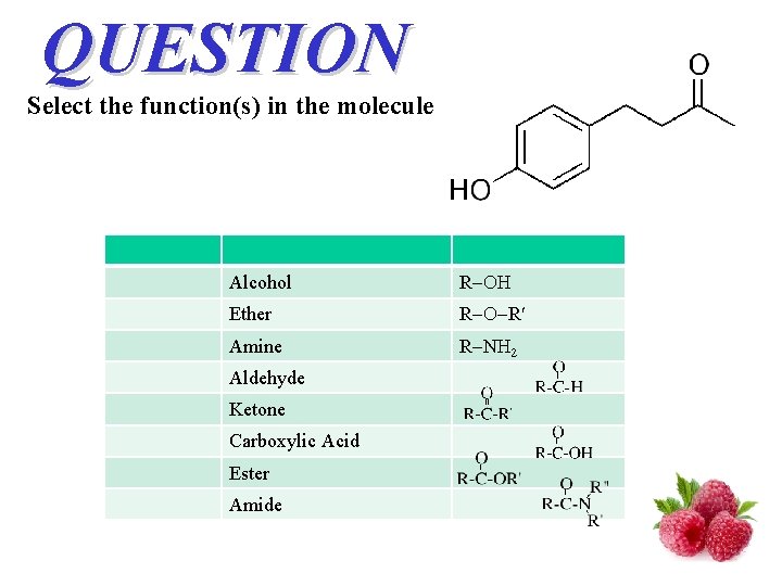 QUESTION Select the function(s) in the molecule Alcohol R Ether R R Amine R