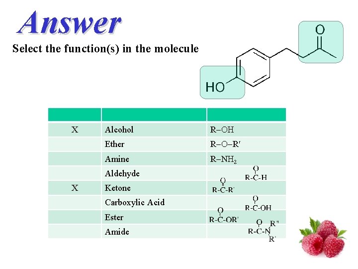 Answer Select the function(s) in the molecule X Alcohol R Ether R R Amine