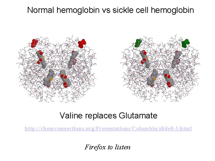 Normal hemoglobin vs sickle cell hemoglobin Valine replaces Glutamate http: //chemconnections. org/Presentations/Columbia/slide 8 -3.