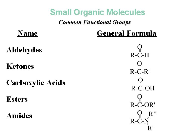 Small Organic Molecules Common Functional Groups Name Aldehydes Ketones Carboxylic Acids Esters Amides General