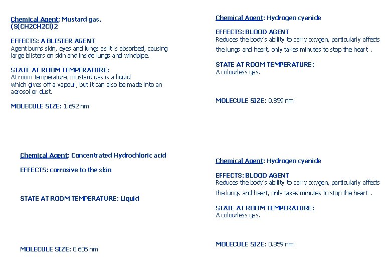 Chemical Agent: Mustard gas, (S(CH 2 Cl)2 EFFECTS: A BLISTER AGENT Agent burns skin,
