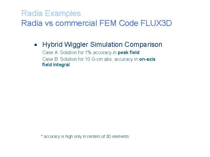 Radia Examples Radia vs commercial FEM Code FLUX 3 D Hybrid Wiggler Simulation Comparison