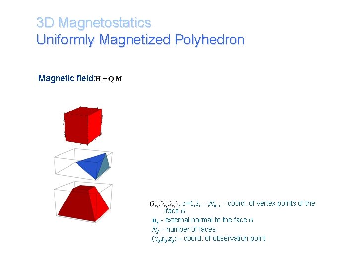 3 D Magnetostatics Uniformly Magnetized Polyhedron Magnetic field: , s=1, 2, …, Ns ,