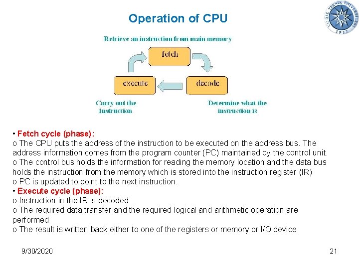 Operation of CPU • Fetch cycle (phase): o The CPU puts the address of