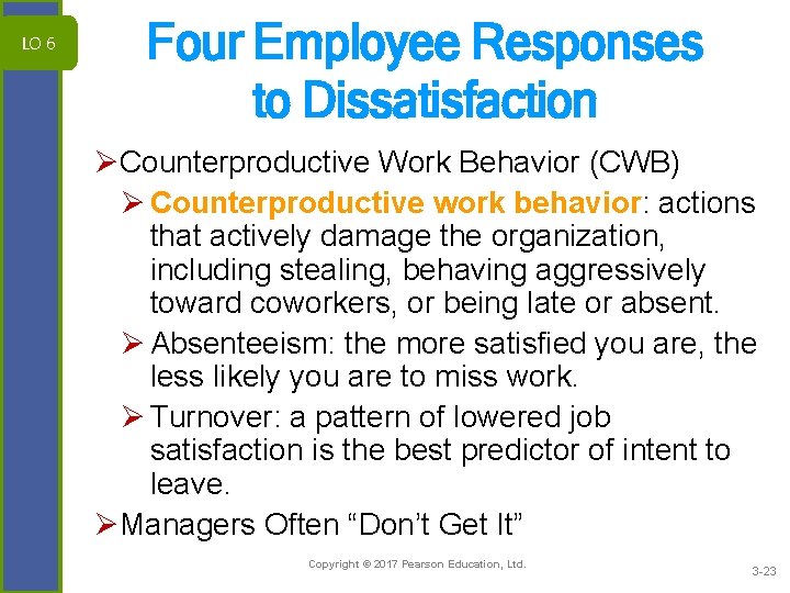 LO 6 Four Employee Responses to Dissatisfaction ØCounterproductive Work Behavior (CWB) Ø Counterproductive work