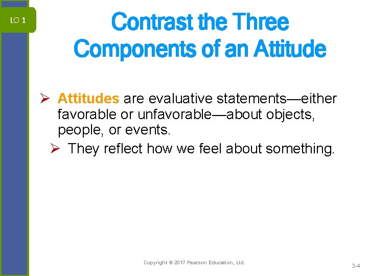 LO 1 Contrast the Three Components of an Attitude Ø Attitudes are evaluative statements—either