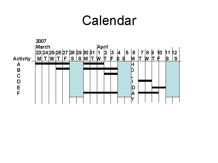 Calendar Activity A B C D E F 2007 March April 23 24 25