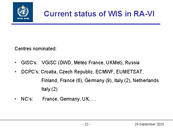 World Meteorological Organization Current status of WIS in RA-VI World Meteorological Organization Working together World Meteorological Organization Current status of WIS in RA-VI World Meteorological Organization Working together