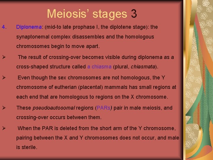 Meiosis’ stages 3 4. Diplonema: (mid-to late prophase I, the diplotene stage): the synaptonemal