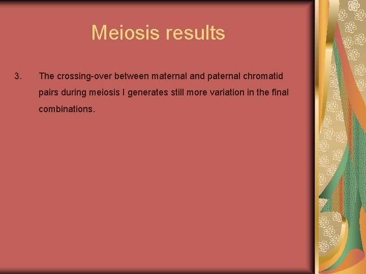 Meiosis results 3. The crossing-over between maternal and paternal chromatid pairs during meiosis I