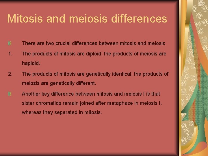 Mitosis and meiosis differences There are two crucial differences between mitosis and meiosis 1.