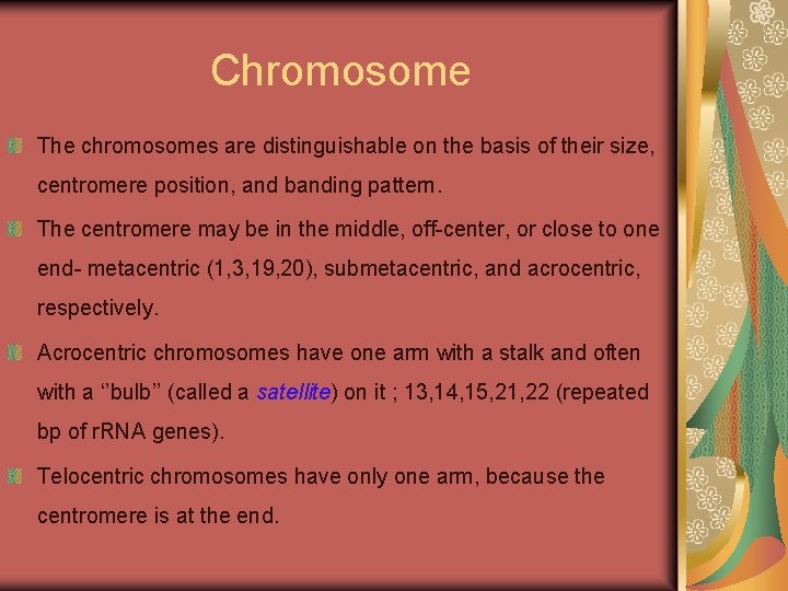 Chromosome The chromosomes are distinguishable on the basis of their size, centromere position, and