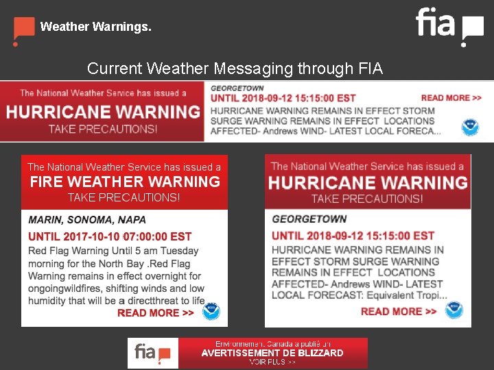 Weather Warnings. Current Weather Messaging through FIA 