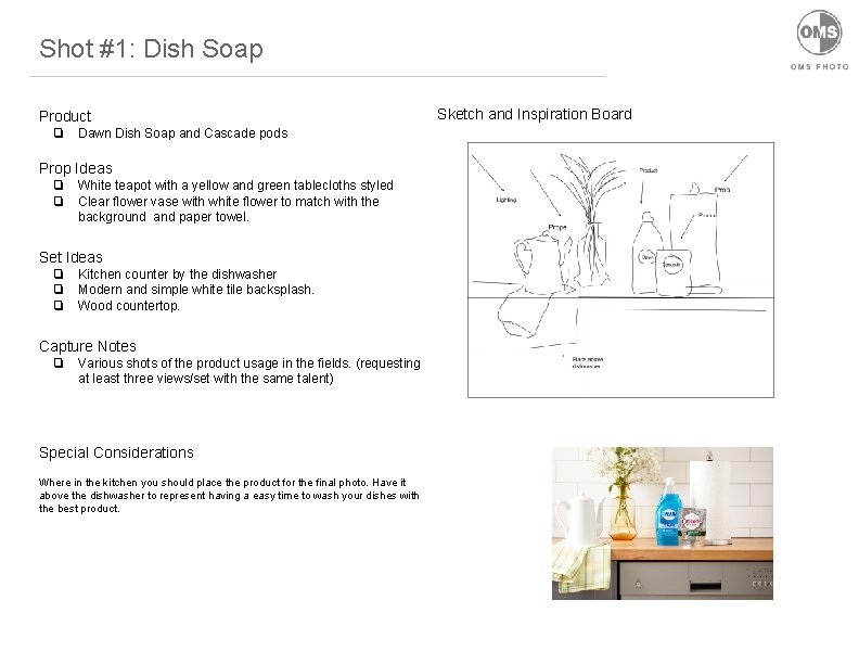 Shot #1: Dish Soap Product ❏ Dawn Dish Soap and Cascade pods Prop Ideas