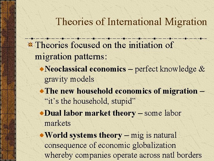 Theories of International Migration Theories focused on the initiation of migration patterns: Neoclassical economics