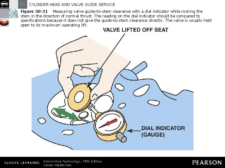 30 CYLINDER HEAD AND VALVE GUIDE SERVICE Figure 30 -31 Measuring valve guide-to-stem clearance